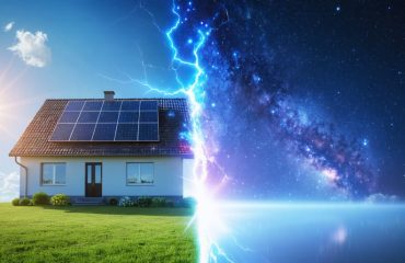 Artistic split-screen showing a solar-powered home under sunlight on one side and a night sky on the other, highlighting a modern battery system symbolizing energy storage for continuous power.