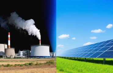Split screen showing the contrast between a smoky fossil fuel power plant and a clean solar panel installation under blue skies.