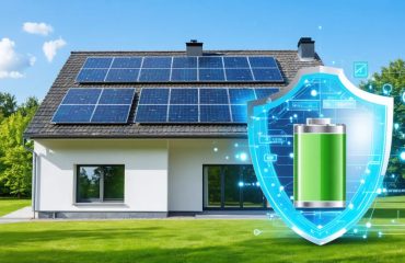 A modern home utilizing solar panels and battery backup system with a symbol of insurance protection, representing the integration of solar technology and home insurance coverage.