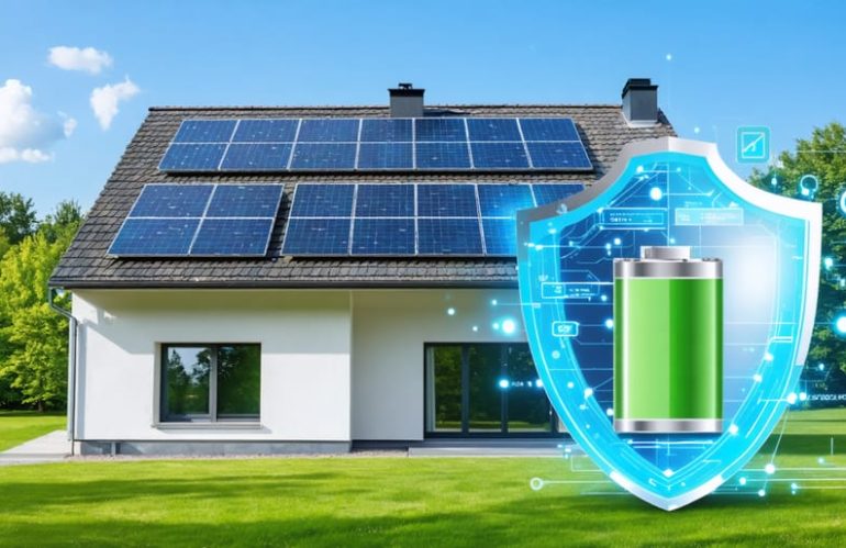 A modern home utilizing solar panels and battery backup system with a symbol of insurance protection, representing the integration of solar technology and home insurance coverage.