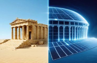 "A comparative illustration of ancient Greek architecture using solar reflectors alongside modern solar panels on a futuristic building, highlighting the evolution of solar technology from the past to present."