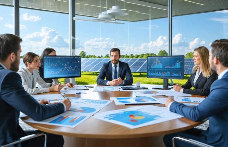 Business executives reviewing financial documents and digital charts related to solar financing, with a solar panel field visible through the windows.