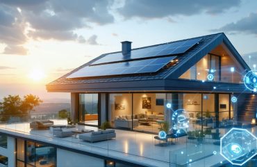 A modern home with advanced solar panels on the roof and transparent solar windows, digitally enhanced to illustrate AI-driven energy management and smart technology integration.