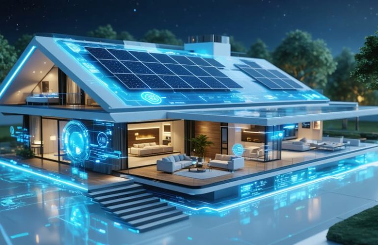 A futuristic depiction of a home with solar panels, connected to a smart grid with an advanced dashboard interface showing energy production and consumption data.