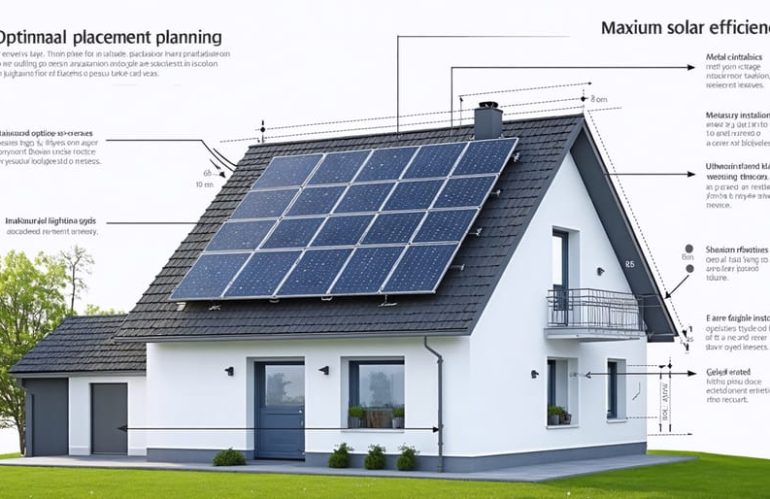 Blueprint-style illustration showing optimal solar panel placement and orientation on a residential roof with annotations for sun exposure and efficiency.