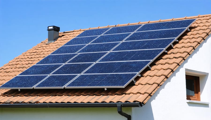Residential roof solar panel installation with monitoring equipment