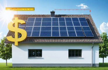 A conceptual illustration displaying the cost variations of solar panel installations per square foot overlaid on a rooftop, with sunrays and cost indicators highlighting the economic aspect of modern solar technology.