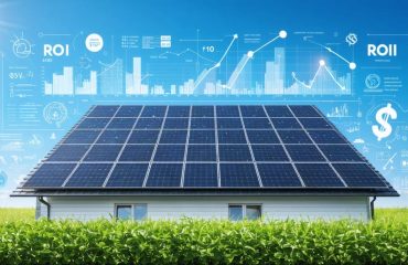 Residential solar panels being installed under a clear sky, symbolizing energy efficiency and financial growth, with graphical elements like upward arrows and dollar signs indicating ROI and savings.