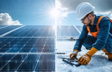 Split scene illustrating well-maintained solar panels under sunny conditions on one side and protective solar panel measures against extreme weather, such as a hailstorm, on the other. A technician inspects the panels with modern tools.