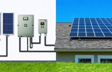 Side-by-side illustration of a worn-out old electrical panel compared to a modern, solar-ready electrical panel with solar panels in the background, depicting the benefits of an upgrade for efficient solar energy management.