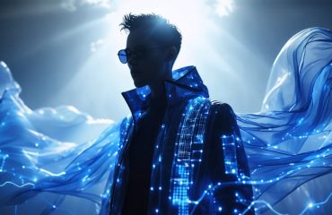 Conceptual illustration of a fashionable silhouette wearing a jacket integrated with solar panels, set against a sunlit background representing energy generation.