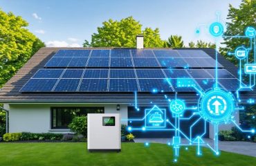 Image of a modern home with solar panels on the roof and a digital energy flow diagram illustrating self-sufficient energy management and storage.