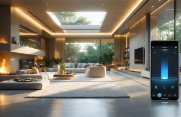 "A modern living room showcasing a split view of lighting: one side with traditional lighting and the other with solar-powered light, featuring smart home control integration."