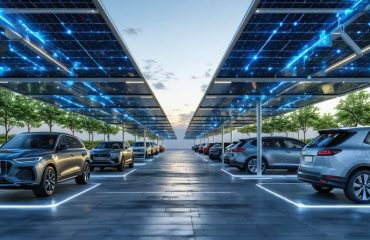 Conceptual depiction of a futuristic solar-powered parking lot with elevated solar panel canopies offering shade and energy generation, with visual elements symbolizing electricity flow and sustainable energy usage.