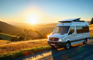A solar-powered van with solar panels on its roof parked in a scenic natural landscape, representing sustainable and eco-friendly travel.