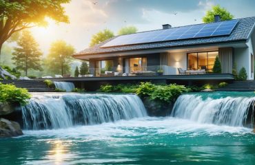 Modern home with solar panels on the roof powering water systems; green energy flowing as a clear water stream symbolizing solar-powered efficiency and savings.