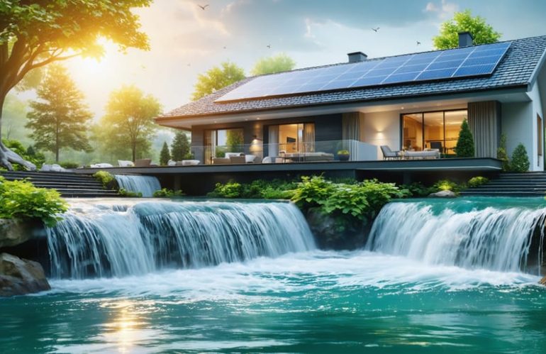Modern home with solar panels on the roof powering water systems; green energy flowing as a clear water stream symbolizing solar-powered efficiency and savings.