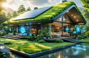 A modern home with a green roof merging into solar panels, surrounded by greenery, with visible smart devices like a digital energy dashboard inside, symbolizing energy efficiency and solar power integration.
