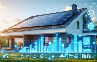 A contemporary home with solar panels and a digital interface overlay showing solar energy production graphs, battery storage levels, and energy consumption metrics, illustrating the concept of smart home energy management.