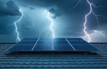 Illustration of a protective shield surrounding a rooftop solar panel system against a backdrop of lightning, representing surge protection for solar investments.