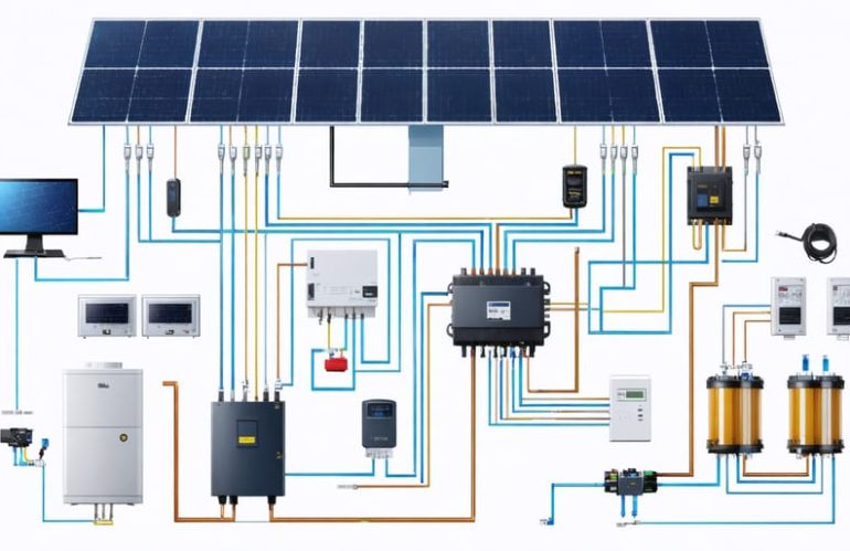 Illustrated diagram of a residential solar system wiring layout, featuring labeled components such as solar panels, inverters, junction boxes, and conduits.