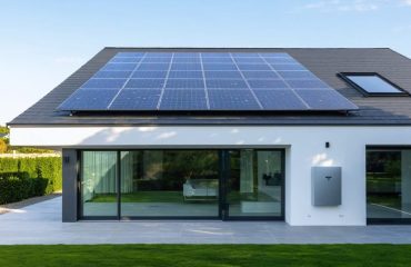 Modern home with Tesla solar panels on the roof and a visible Powerwall unit, representing sustainable energy management and intelligent climate control.