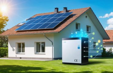 A modern home equipped with a solar panel system and a three-phase battery backup unit, symbolizing energy independence and efficient power management, set against a sunny sky.