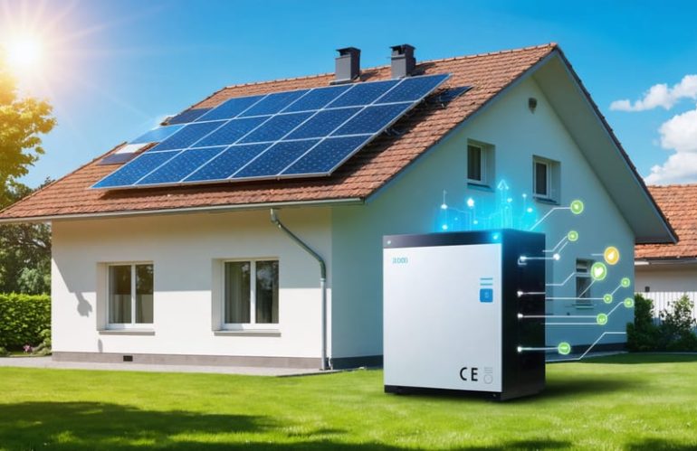 A modern home equipped with a solar panel system and a three-phase battery backup unit, symbolizing energy independence and efficient power management, set against a sunny sky.