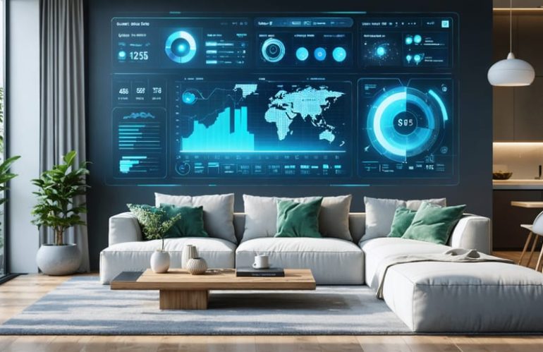 A modern, interactive solar system dashboard displaying energy production graphs and consumption patterns, integrated into a cozy home setting, highlighting user-friendly design elements.