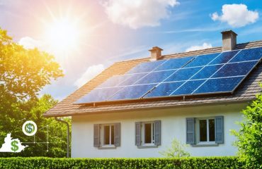 A Virginia home with rooftop solar panels, set against a sunny sky, symbolizing solar savings with dollar signs and a state outline subtly embedded in the background.