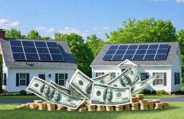 Rendered image of a Virginia neighborhood showcasing solar panels on rooftops. Coins and dollar symbols cascade from the panels to symbolize the financial savings and incentives available to homeowners through solar energy.