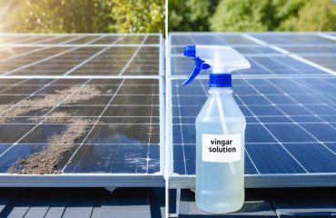Solar panels on a rooftop being cleaned using a vinegar solution, with a side-by-side comparison showing dirty panels on one side and sparkling clean panels on the other.