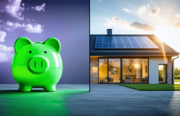 Split-screen image showing a green piggy bank symbolizing savings and a modern solar-equipped home, representing the benefits of zero-interest solar loans.