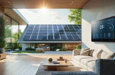 A modern living room featuring a Z-Wave smart thermostat, with solar panels visible outside through a window, symbolizing seamless solar energy integration and home energy efficiency.