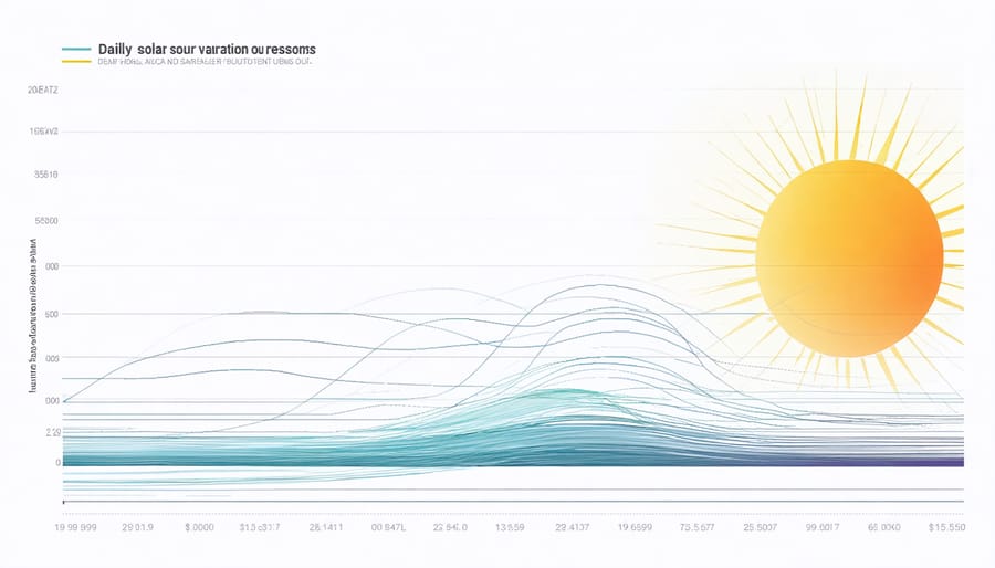 Line chart displaying 8kW solar system output patterns across summer, winter, spring, and fall