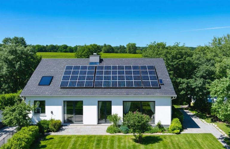 Aerial view of a residential home featuring a complete 9kW solar panel system installed across the rooftop, emphasizing the home's commitment to renewable energy.
