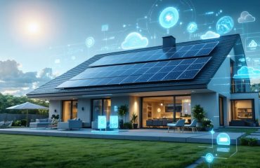 Modern home with solar panels and an AI-controlled interface, illustrating the integration of solar power and smart grid technology for enhanced energy efficiency.