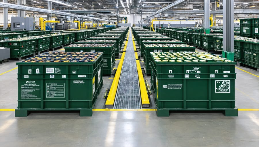 Interior of a lead-acid battery recycling facility with organized collection and processing areas