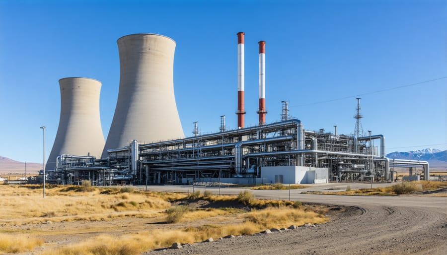 Aerial view of a binary cycle geothermal facility showing main building and cooling tower infrastructure