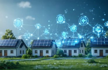 Conceptual illustration showing homes with solar panels connected through blockchain nodes, representing peer-to-peer energy trading in a decentralized network.