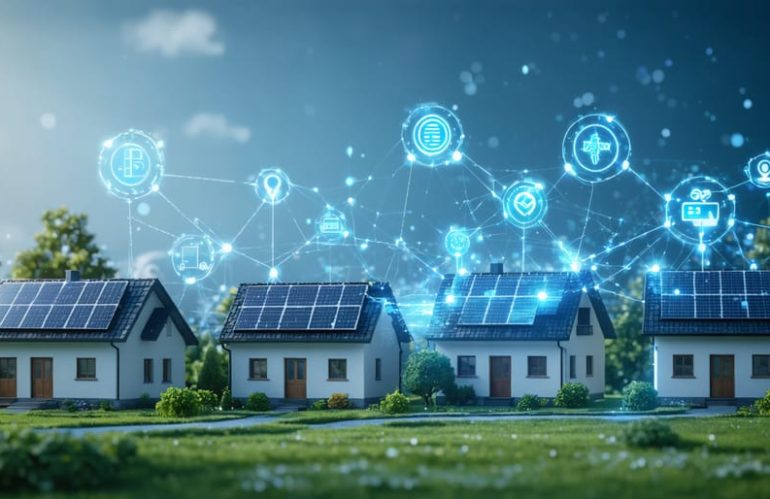 Conceptual illustration showing homes with solar panels connected through blockchain nodes, representing peer-to-peer energy trading in a decentralized network.