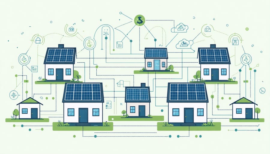 Network diagram illustrating peer-to-peer energy trading between solar-powered homes using blockchain