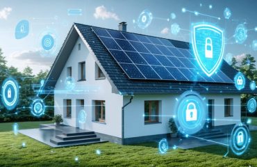 Conceptual illustration of a home with solar panels, surrounded by digital security symbols representing the cybersecurity protection of residential solar energy systems.