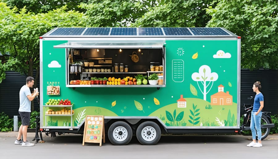Solar-powered food truck with sustainable branding serving a line of customers