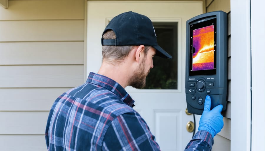 Professional performing energy audit with diagnostic equipment on a home