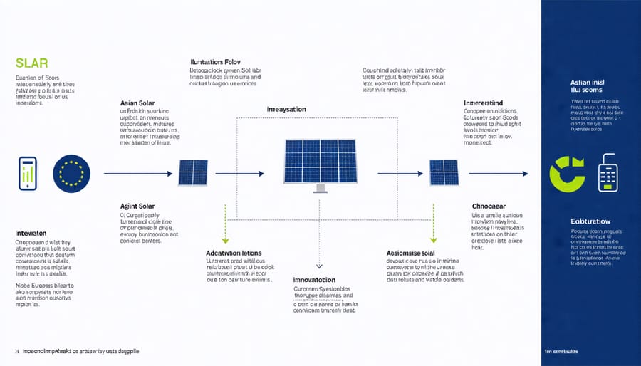 Visual diagram of solar technology exchange between European and Asian companies