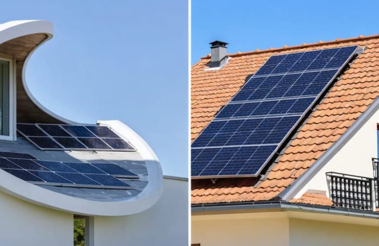 Split image featuring a flexible solar panel on a curved modern roof and a rigid solar panel on a traditional tile roof, highlighting their distinct installation styles and applications.
