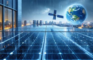 Conceptual illustration of emerging solar technologies, including transparent solar windows, all-weather panels, and a space-based solar power satellite, set within a futuristic cityscape.