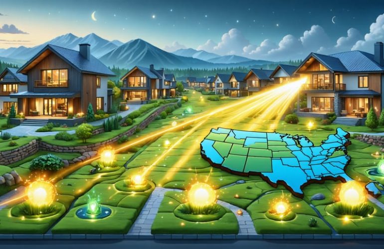 An illustration of a residential neighborhood with homes powered by underground geothermal systems, depicted with rays of warmth and coolness. The background features a U.S. map highlighting geothermal hotspots, representing energy independence and efficiency.