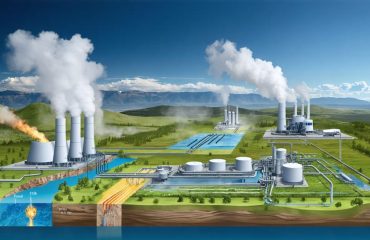 An artistic representation of geothermal power plants, showcasing flash steam, dry steam, and binary cycle systems, illustrating different methods of converting Earth's heat into electricity.